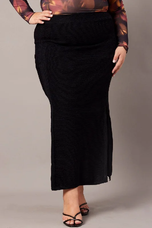 Black Double Split Knit Midi Skirt