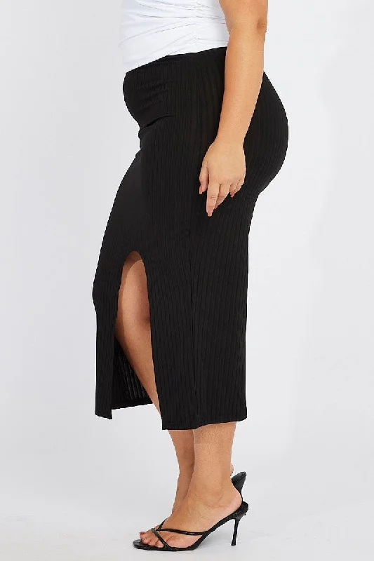 Black Rib Split Skirt