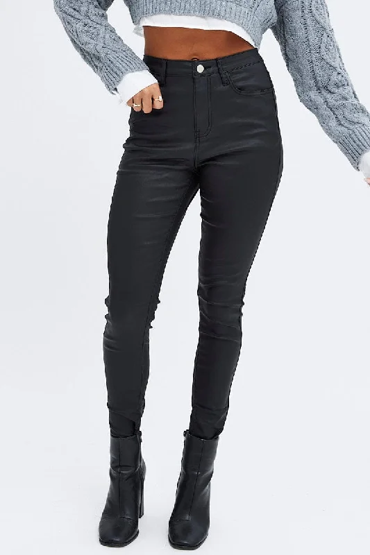 Black Wet Look Denim Jeans High Rise