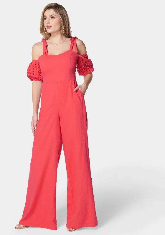 Embroidered Cotton Puff Sleeve Full Wide Leg Jumpsuit