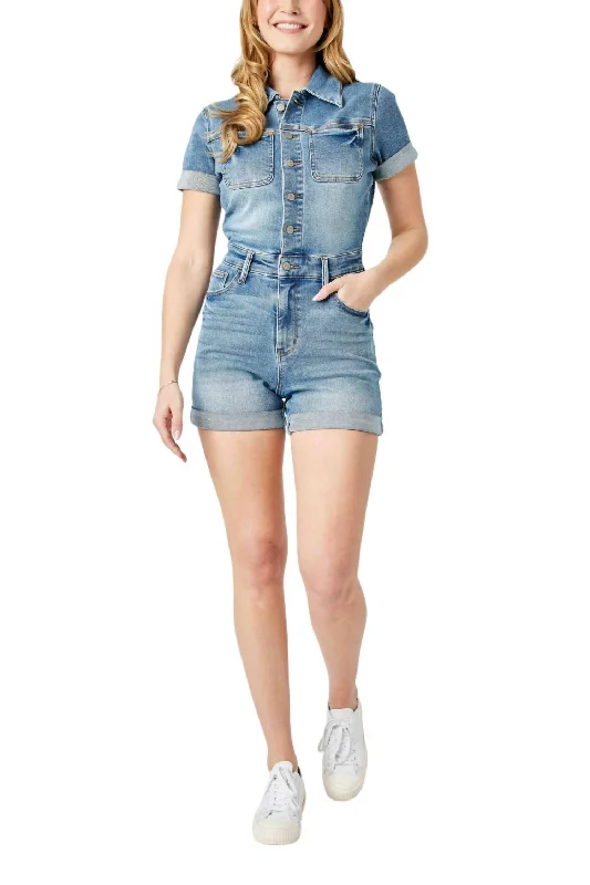 High Waist Short Sleeve Denim Romper In Blue Denim