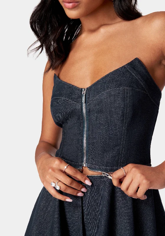 Removable Peplum Zip Front Denim Bustier