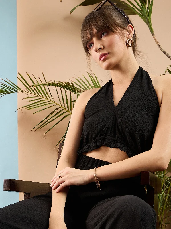 Women Black Knitted Halter Neck Jumpsuit