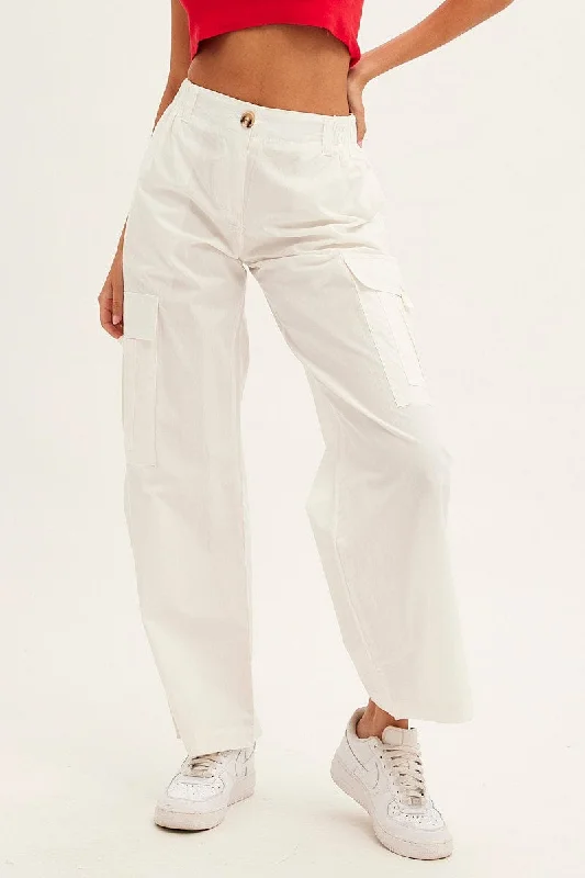 White Cargo Pants Wide Leg Mid Rise