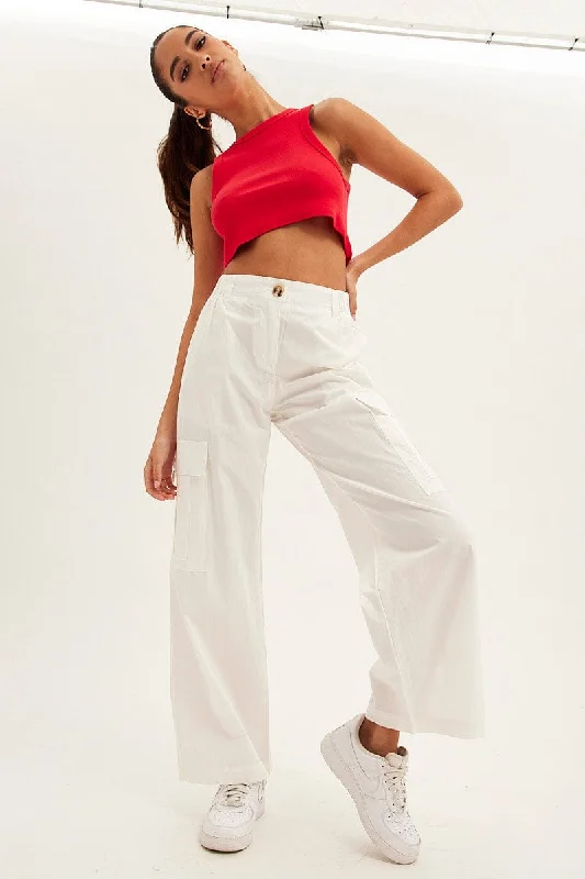 White Cargo Pants Wide Leg Mid Rise