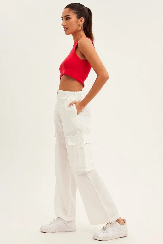 White Cargo Pants Wide Leg Mid Rise