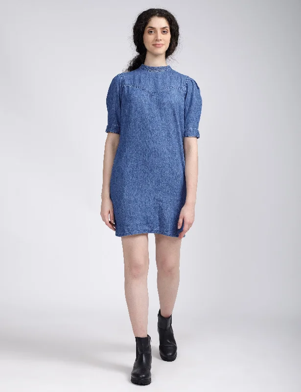 Women's Solid Blue Collar Neck Dress