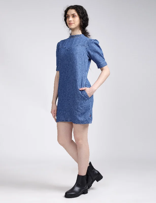 Women's Solid Blue Collar Neck Dress