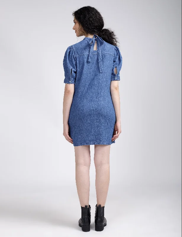 Women's Solid Blue Collar Neck Dress