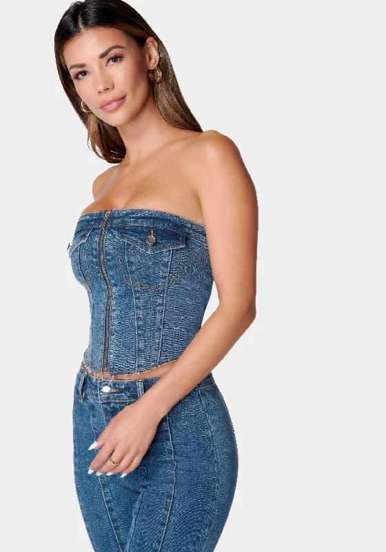 Zip Front Smocked Back Denim Bustier