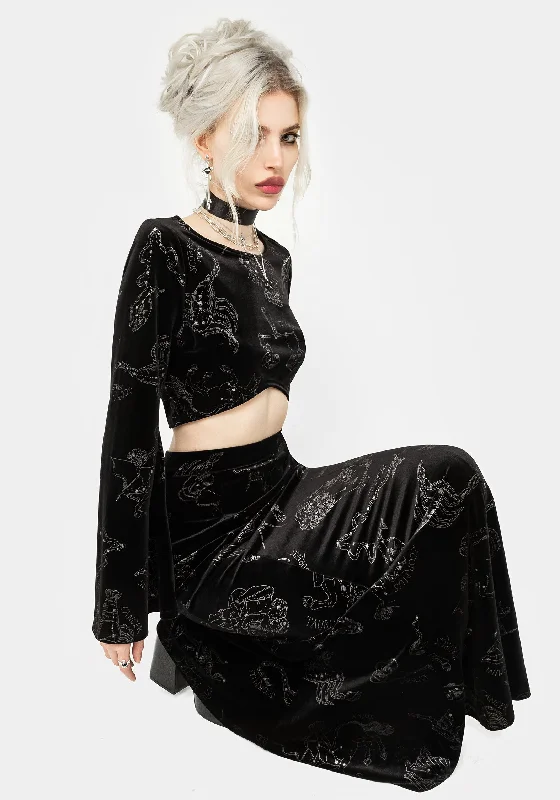 Zodiac Foil Print Velour Mermaid Maxi Skirt