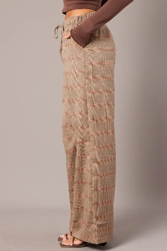 Beige Check Wide Leg Pants Elastic Waist