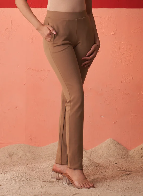 Beige Regular Plain Pants