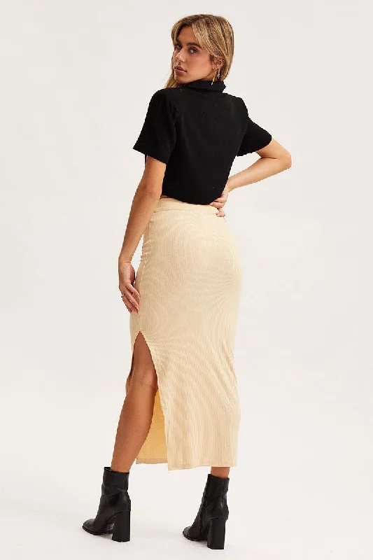 Beige Ribbed Split Midi Skirt