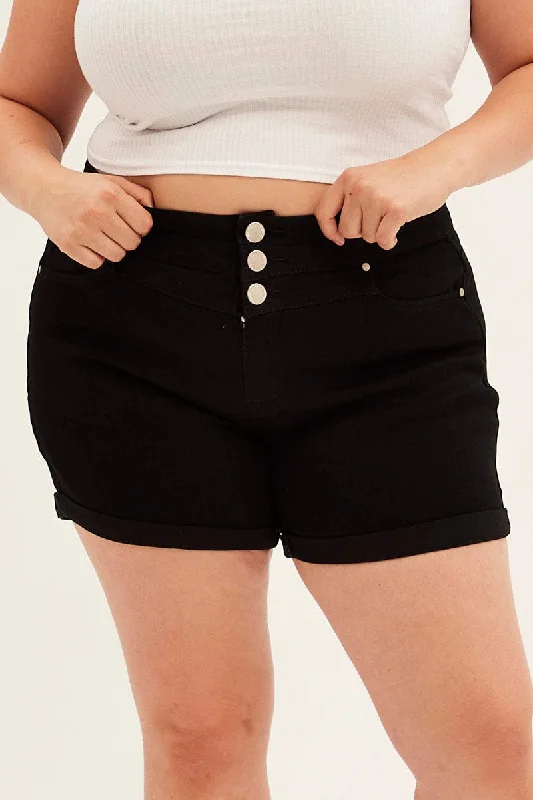 Black Black High Rise 3 Buttons Skinny Denim Shorts