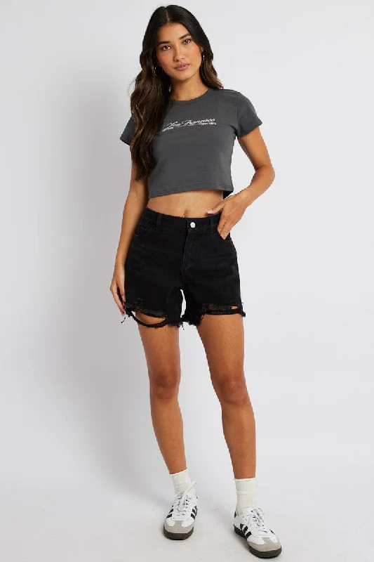 Black High Rise Denim Shorts Relaxed