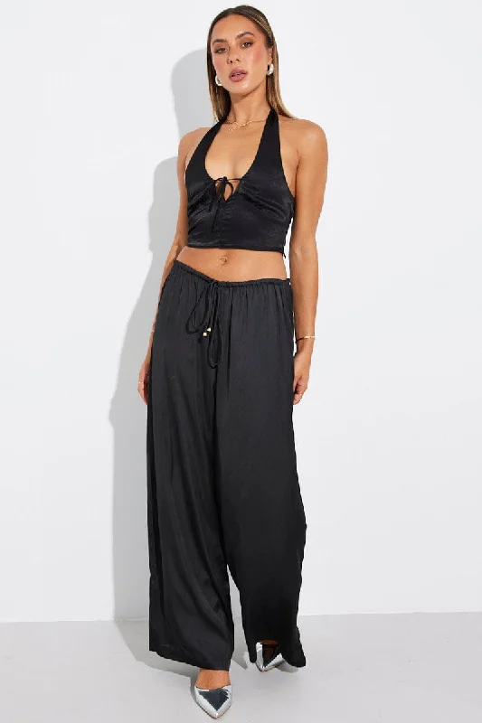 Black Wide Leg Pants High Rise Satin