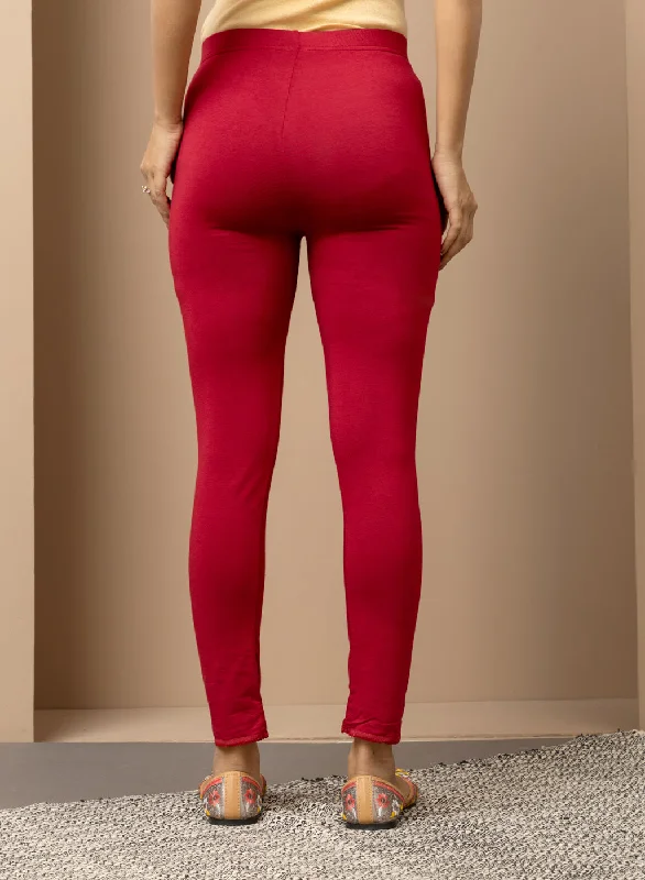 Blood Red Ankle Length Plain Legging