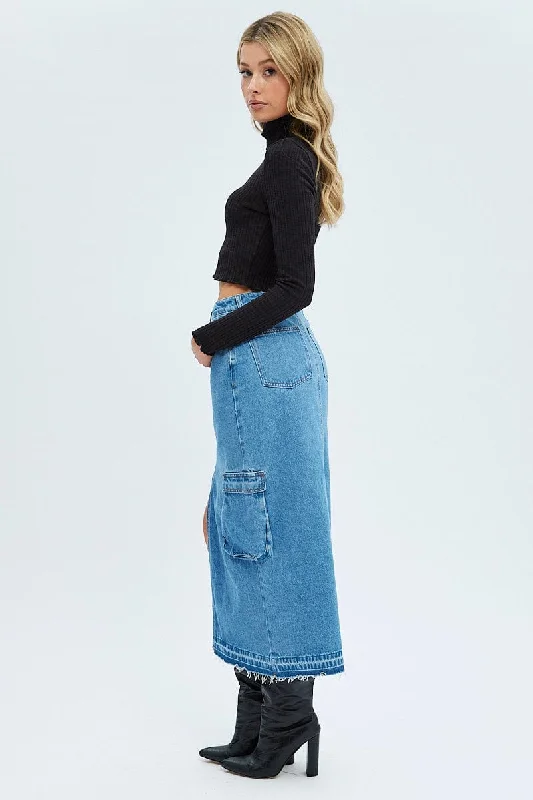 Blue Denim Maxi Skirt Cargo