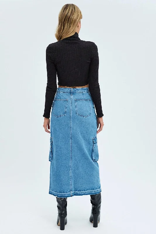 Blue Denim Maxi Skirt Cargo