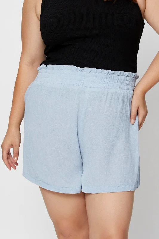 Blue Shorts High Rise Shirred Waist