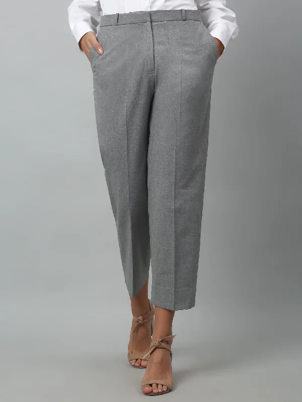 Cantabil Grey Solid Lycra Non Pleated High Rise Regular Fit Formal Trousers For Women