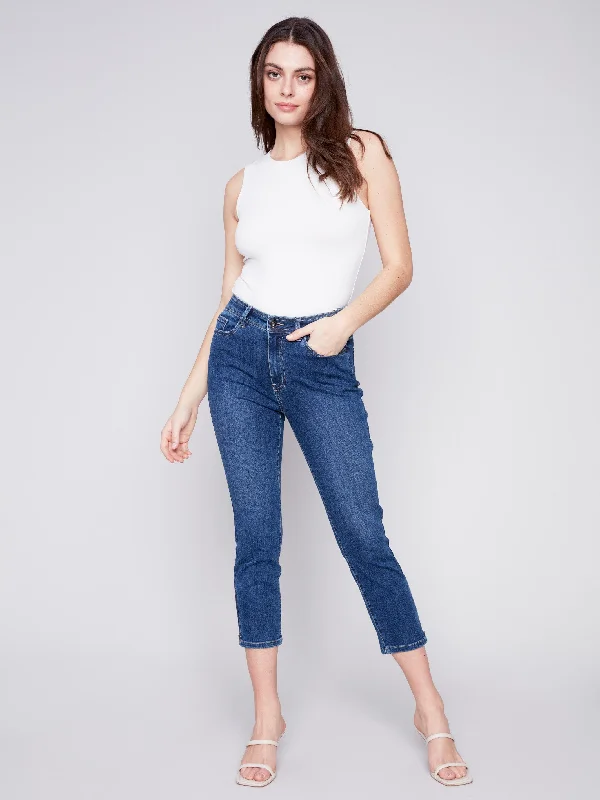 Cropped Jeans with Zipper Detail - Indigo