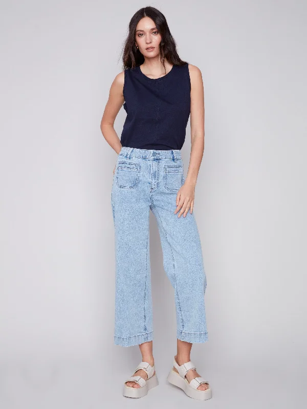 Cropped Wide Leg Jeans - Blue Jean