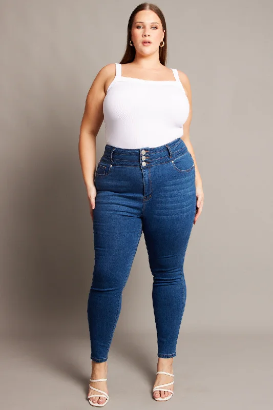 Denim Skinny Jeans High Rise Button Front