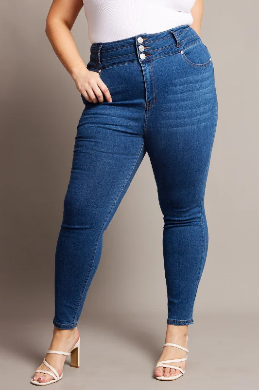 Denim Skinny Jeans High Rise Button Front