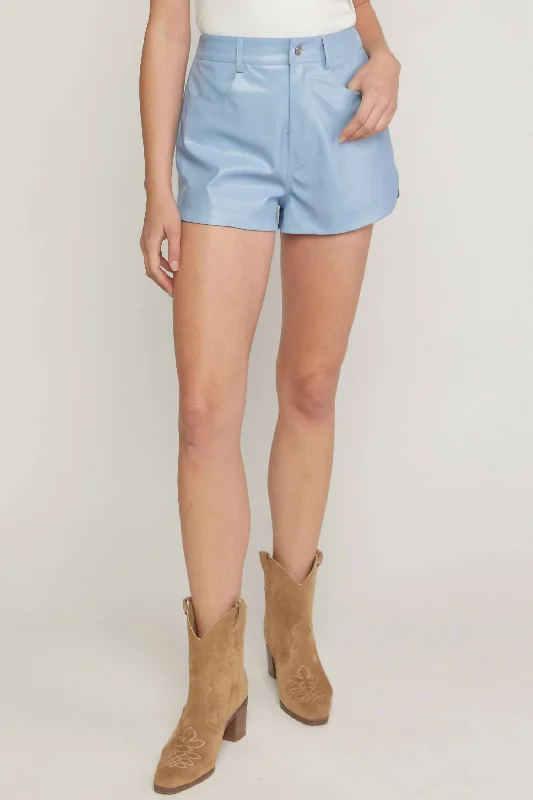 Faux Leather Tulip Hem Short In Blue