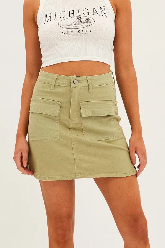 Green High Rise Cargo Mini Denim Skirt