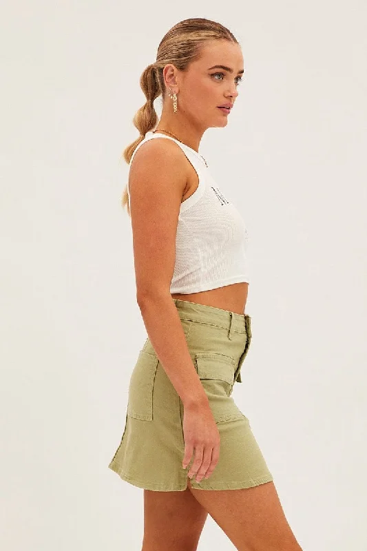 Green High Rise Cargo Mini Denim Skirt