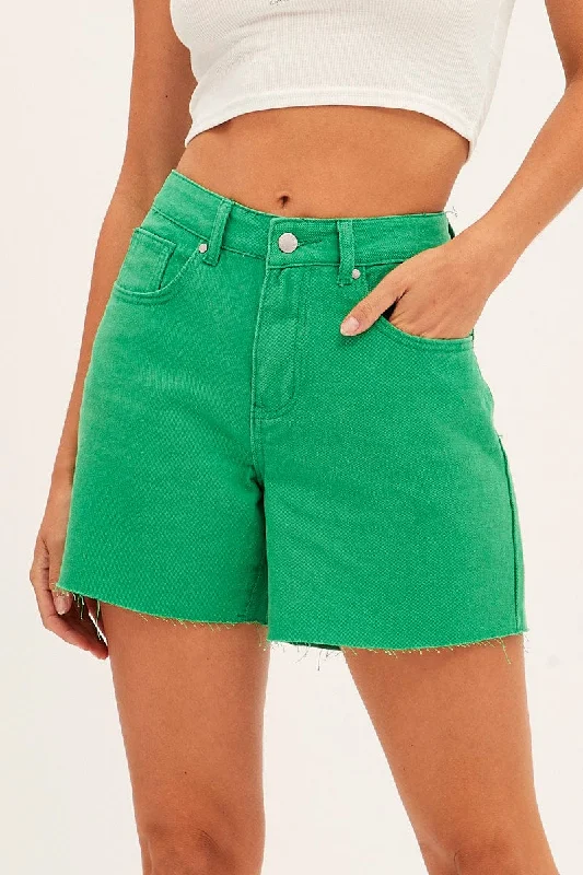 Green Knee Length Denim Shorts High Rise