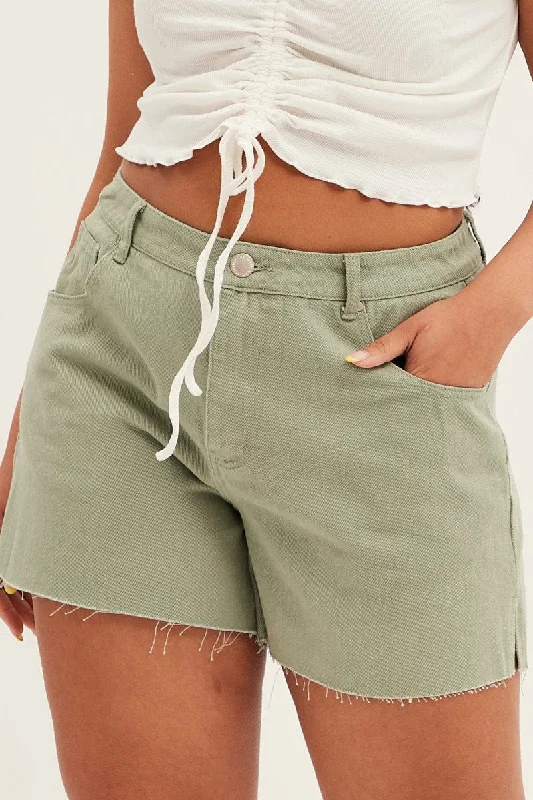 Green Relaxed Denim Shorts High Rise Side Slit