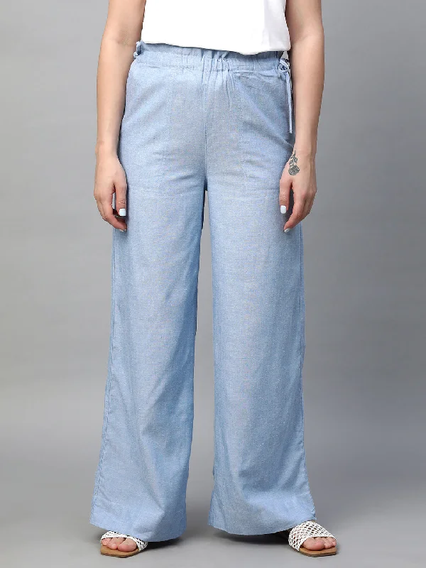 Women's Blue Viscose Linen Regular Fit Pant