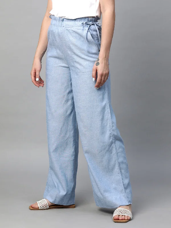 Women's Blue Viscose Linen Regular Fit Pant