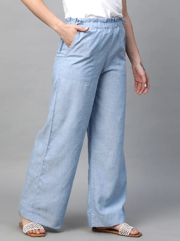 Women's Blue Viscose Linen Regular Fit Pant