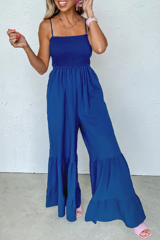 Spaghetti Straps Smocked Ruffled Wide Leg Jumpsuit