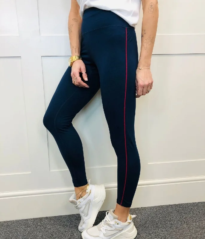 Navy Red Side Stripe High Waisted Leggings