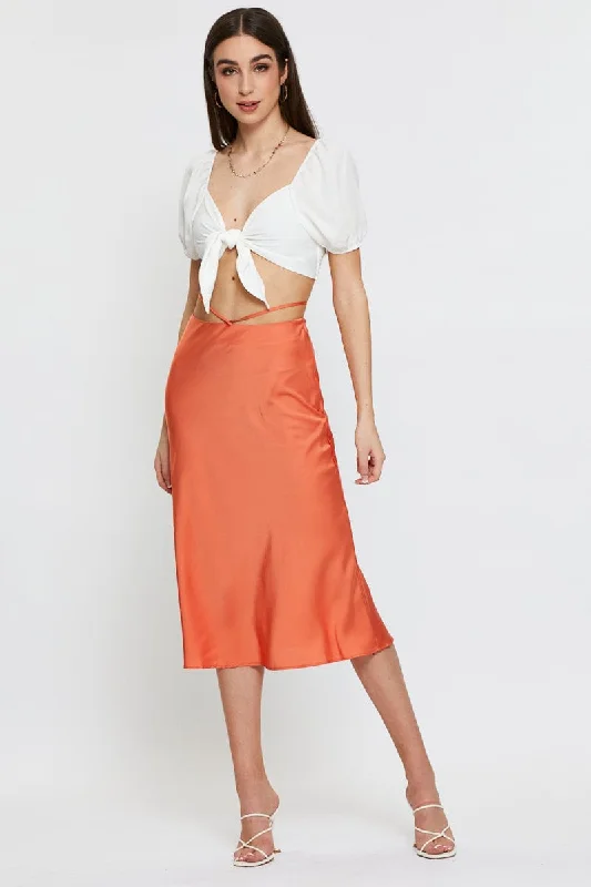 Orange Sarin Waist Tie Slip Midi Skirt