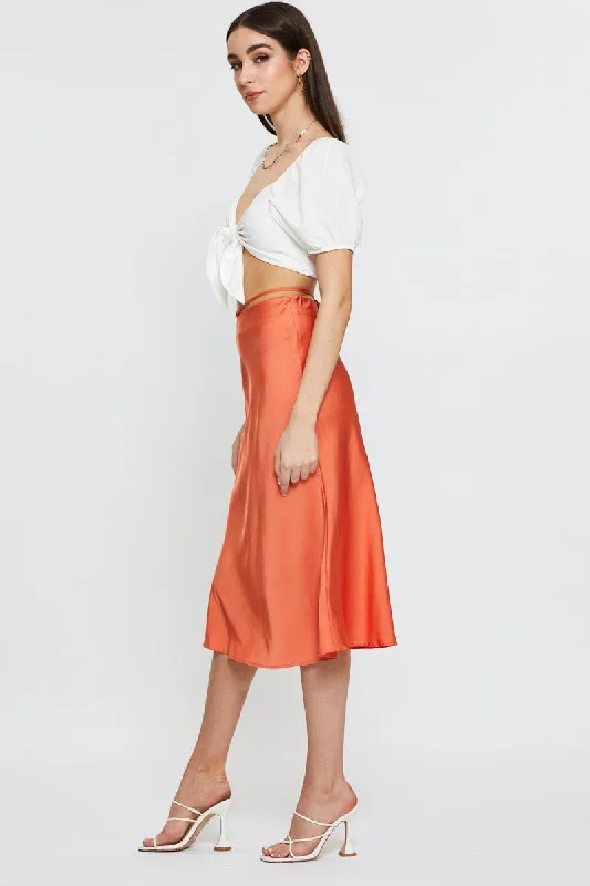 Orange Sarin Waist Tie Slip Midi Skirt