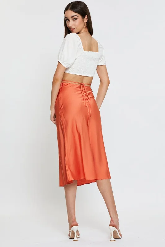 Orange Sarin Waist Tie Slip Midi Skirt