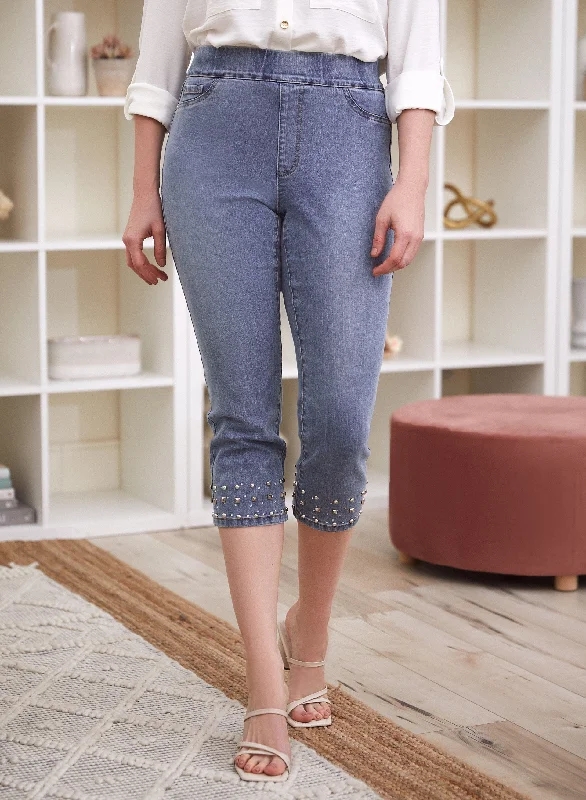 Pull-On Stud Detail Denim Capris