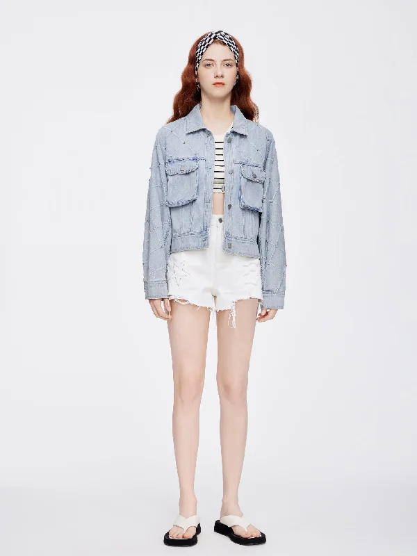 Rhinestone Frayed Cropped Denim Jacket