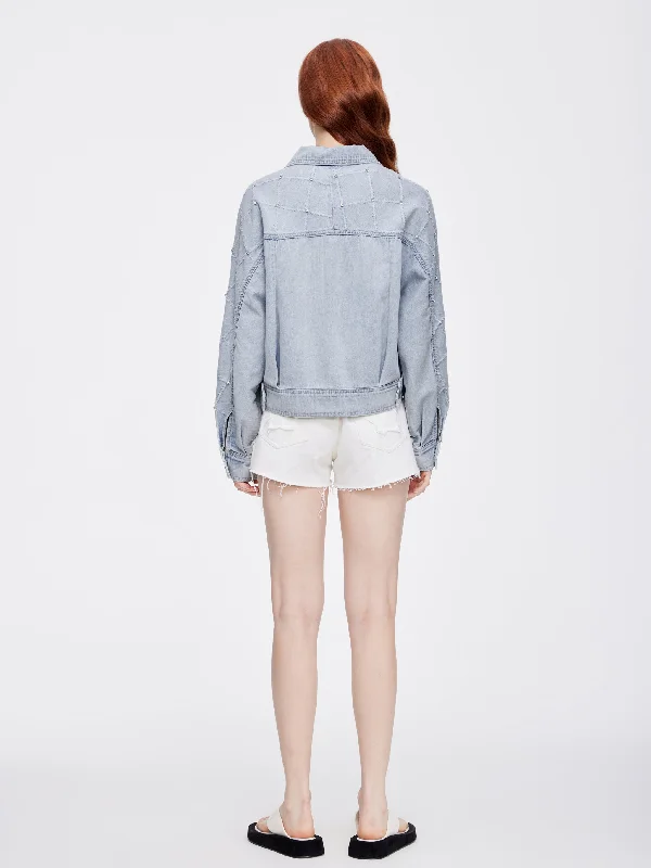 Rhinestone Frayed Cropped Denim Jacket