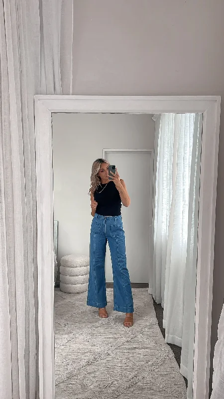 Shine On Label Lachlan Wide Leg Patch Pocket Jeans Indigo