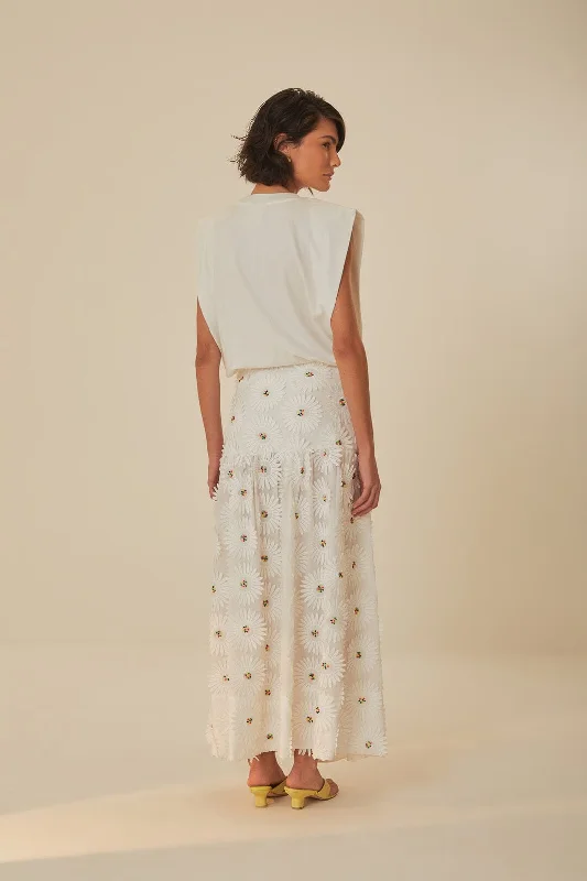 White Daisy 3D Flower Embroidered Maxi Skirt