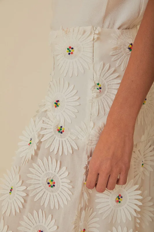 White Daisy 3D Flower Embroidered Maxi Skirt