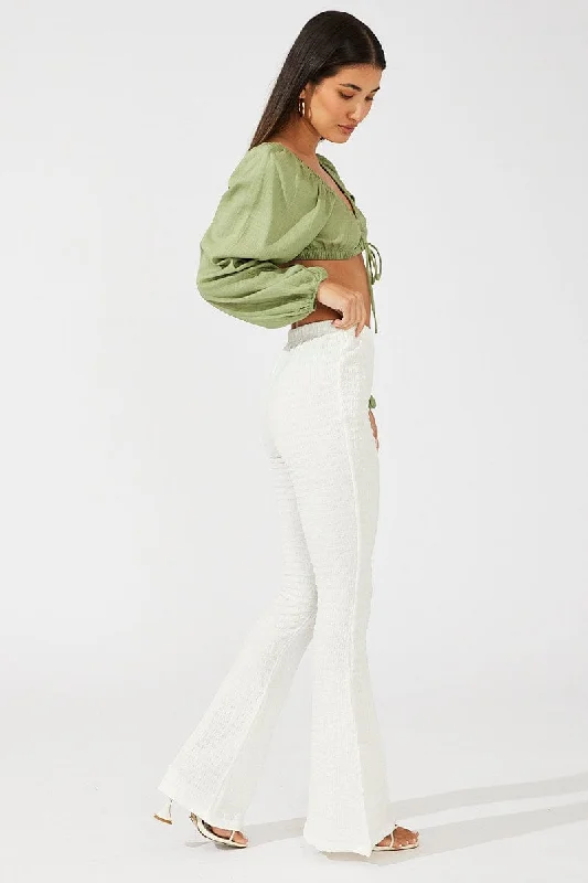 White Flare Leg Pants Textured Jersey